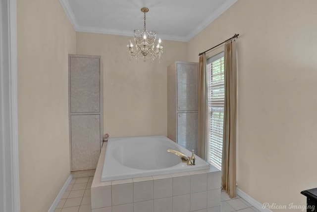 23 Tealwood, Shreveport, LA 71104 - bathroom with a chandelier, a garden tub, baseboards, tile patterned floors, and ornamental molding