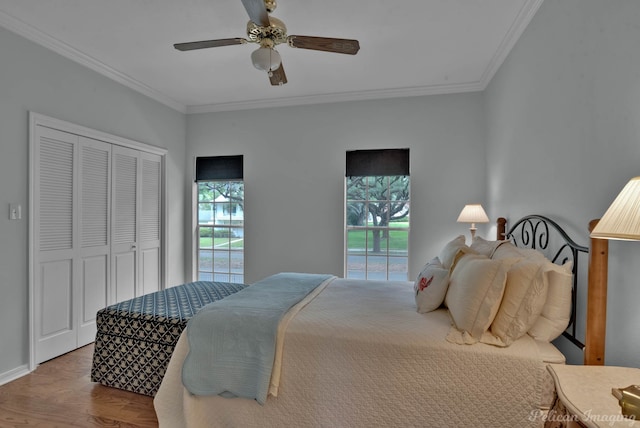 23 Tealwood, Shreveport, LA 71104 - bedroom featuring crown molding, access to outside, wood finished floors, ceiling fan, and a closet