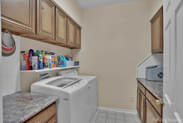 23 Tealwood, Shreveport, LA 71104 - laundry area featuring separate washer and dryer, cabinet space, light tile patterned floors, and baseboards
