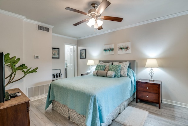 339 W Trinity St, Forney, TX 75126 - bedroom featuring light wood-type flooring, baseboards, crown molding, and ceiling fan