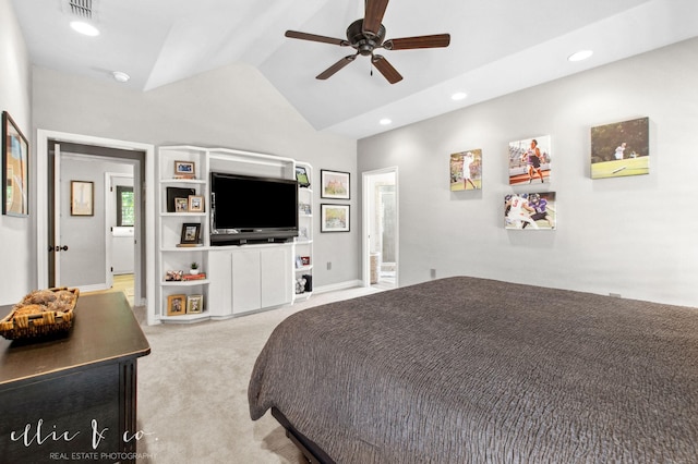 2409 Lynbrook Dr, Abilene, TX 79606 - bedroom with vaulted ceiling, carpet, recessed lighting, and a ceiling fan