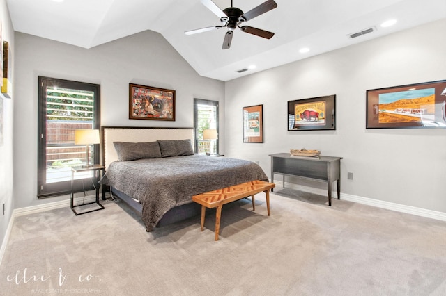 2409 Lynbrook Dr, Abilene, TX 79606 - bedroom with baseboards, light carpet, lofted ceiling, recessed lighting, and a ceiling fan