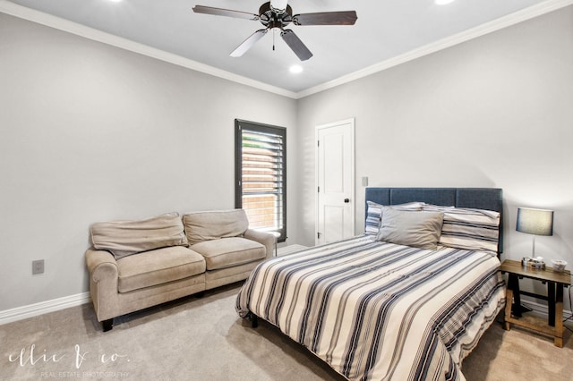 2409 Lynbrook Dr, Abilene, TX 79606 - carpeted bedroom with recessed lighting, baseboards, ornamental molding, and ceiling fan