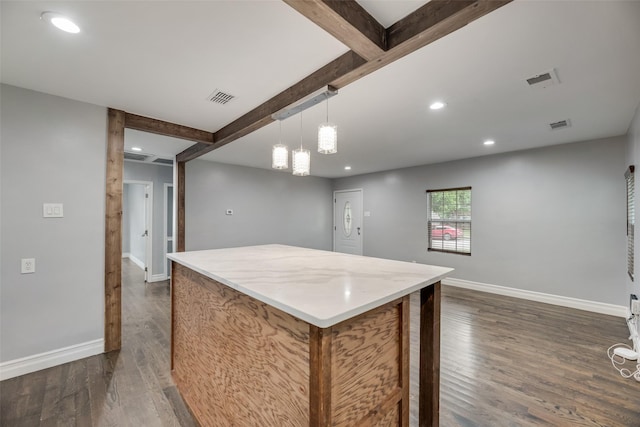 317 Edgefield Dr, Garland, TX 75040 - kitchen with dark wood finished floors, baseboards, a center island, decorative light fixtures, and recessed lighting