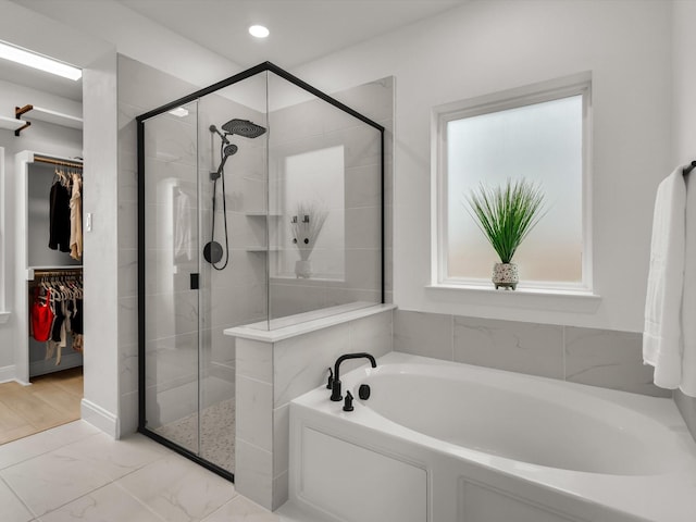 13333 Hedgebrook Pl, Fort Worth, TX 76008 - full bathroom featuring a shower stall, a bath, a walk in closet, marble finish floors, and recessed lighting