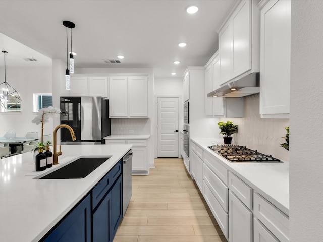 13333 Hedgebrook Pl, Fort Worth, TX 76008 - kitchen featuring under cabinet range hood, blue cabinetry, stainless steel appliances, a sink, and white cabinets