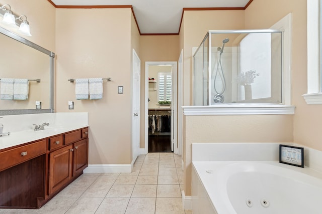269 Love Bird Ln, Murphy, TX 75094 - bathroom with a shower stall, a jetted tub, vanity, tile patterned floors, and ornamental molding