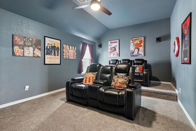 269 Love Bird Ln, Murphy, TX 75094 - home theater with a ceiling fan, vaulted ceiling, carpet, and baseboards