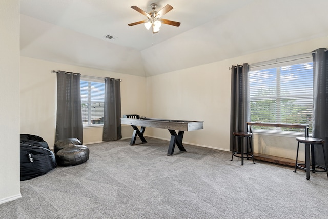 269 Love Bird Ln, Murphy, TX 75094 - recreation room featuring ceiling fan, plenty of natural light, carpet, lofted ceiling, and baseboards