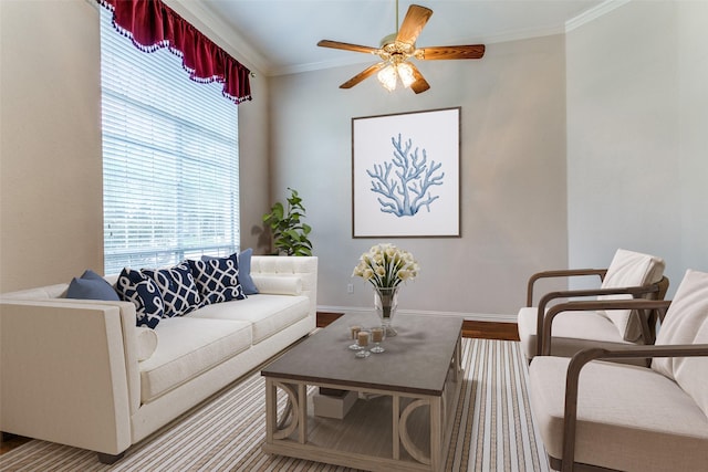 126 Oakbend Dr, Coppell, TX 75019 - living room with a ceiling fan, healthy amount of natural light, ornamental molding, baseboards, and wood finished floors