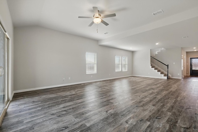 6112 Fire Water Dr, Fort Worth, TX 76179 - unfurnished living room with stairs, a ceiling fan, dark wood-style flooring, baseboards, and vaulted ceiling