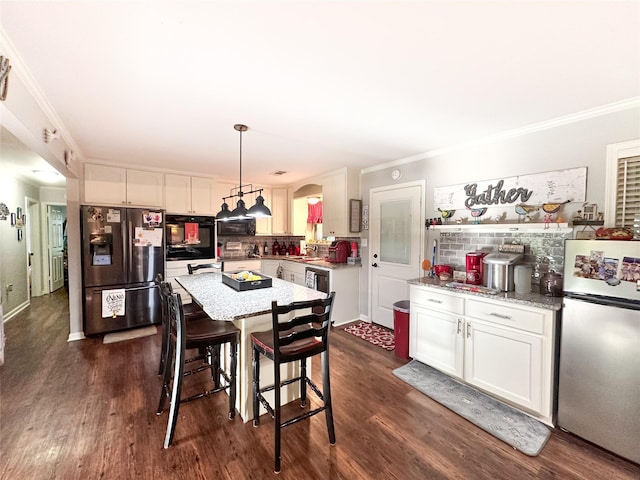 812 Walters St, Frankston, TX 75763 - kitchen featuring stainless steel fridge with ice dispenser, freestanding refrigerator, ornamental molding, dark wood-style flooring, and tasteful backsplash