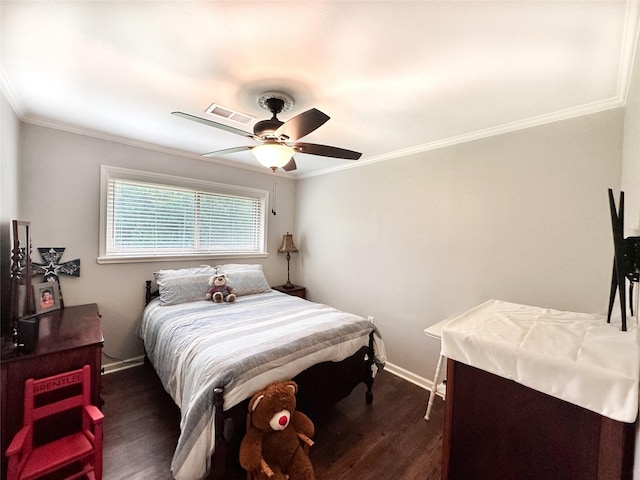 812 Walters St, Frankston, TX 75763 - bedroom with dark wood-type flooring, baseboards, ornamental molding, and ceiling fan