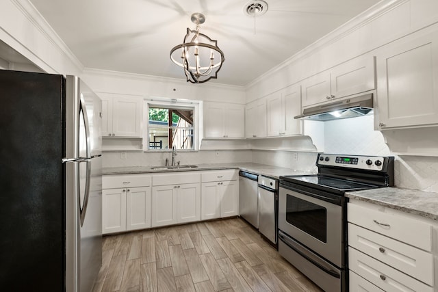 6455 Waverly Way, Fort Worth, TX 76116 - kitchen featuring stainless steel appliances, a sink, under cabinet range hood, light countertops, and white cabinets