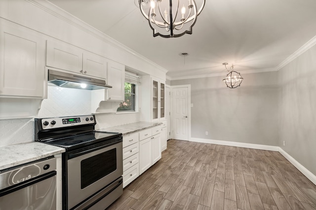 6455 Waverly Way, Fort Worth, TX 76116 - kitchen featuring stainless steel appliances, under cabinet range hood, a chandelier, ornamental molding, and white cabinets