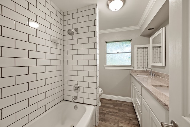 6455 Waverly Way, Fort Worth, TX 76116 - bathroom featuring crown molding, toilet, bathtub / shower combination, double vanity, and wood finished floors