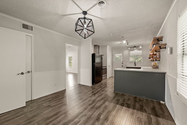 6455 Waverly Way, Fort Worth, TX 76116 - kitchen featuring freestanding refrigerator, a textured ceiling, dark wood-style flooring, a wainscoted wall, and a sink