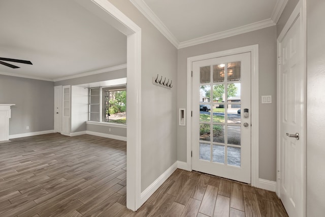 6455 Waverly Way, Fort Worth, TX 76116 - doorway to outside with wood finished floors, plenty of natural light, crown molding, a ceiling fan, and baseboards