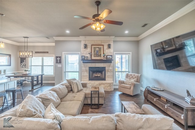 349 Mill Creek Dr, Abilene, TX 79602 - living area featuring plenty of natural light, a ceiling fan, a fireplace, dark wood-type flooring, and crown molding