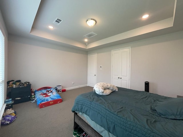 501 Upper Falls Ln, Mansfield, TX 76063 - bedroom with a tray ceiling, carpet flooring, recessed lighting, and baseboards