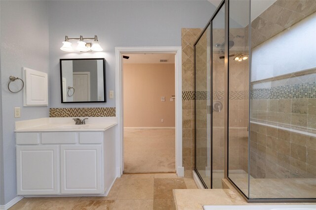 5732 Chelmsford Trl, Arlington, TX 76018 - bathroom featuring vanity, a garden tub, a stall shower, lofted ceiling, and tile patterned floors