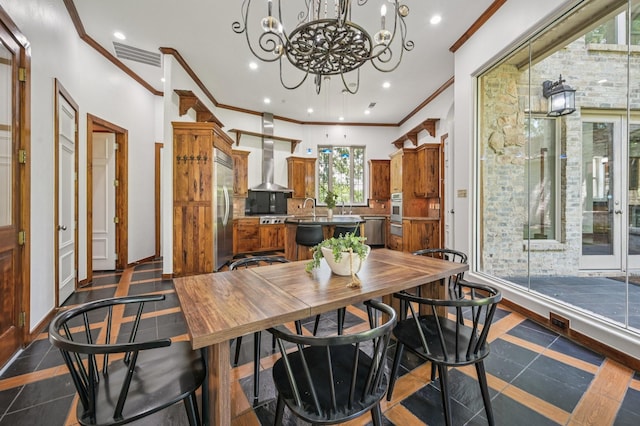 1 Hamper Ct, Trophy Club, TX 76262 - dining space featuring a chandelier, ornamental molding, and recessed lighting