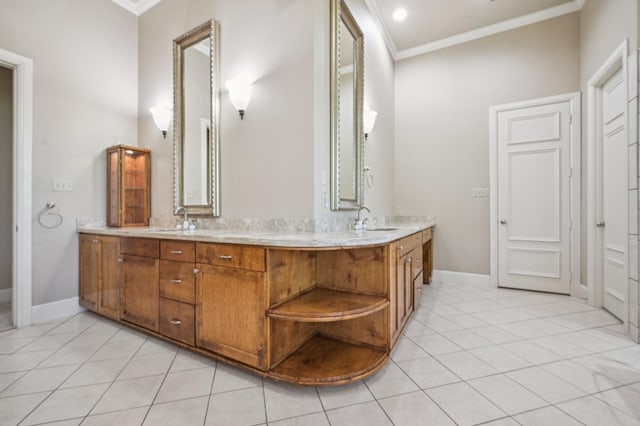 1 Hamper Ct, Trophy Club, TX 76262 - bathroom with ornamental molding, double vanity, tile patterned floors, and baseboards