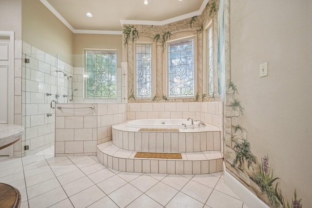 1 Hamper Ct, Trophy Club, TX 76262 - bathroom featuring a garden tub, healthy amount of natural light, crown molding, a shower stall, and tile patterned flooring
