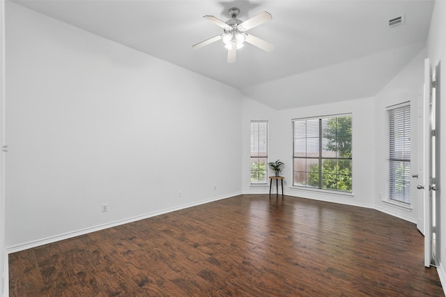 7602 Bridge Water Cir, Frisco, TX 75034 - unfurnished room with vaulted ceiling, dark wood-style floors, baseboards, and a ceiling fan