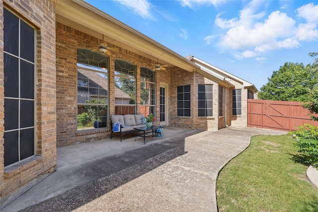 7602 Bridge Water Cir, Frisco, TX 75034 - view of patio featuring ceiling fan, an outdoor living space, and a gate