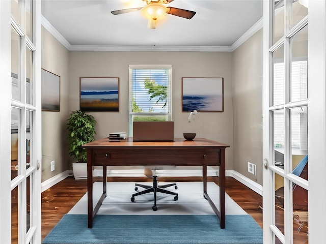 7602 Bridge Water Cir, Frisco, TX 75034 - office with wood finished floors, crown molding, a ceiling fan, baseboards, and french doors