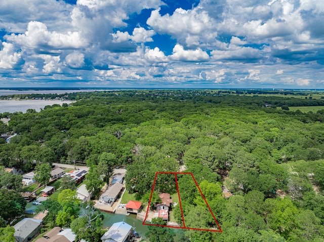164 Harbor Dr, Gun Barrel City, TX 75156 - aerial overview of property's location with a heavily wooded area, property boundaries highlighted, and a large body of water
