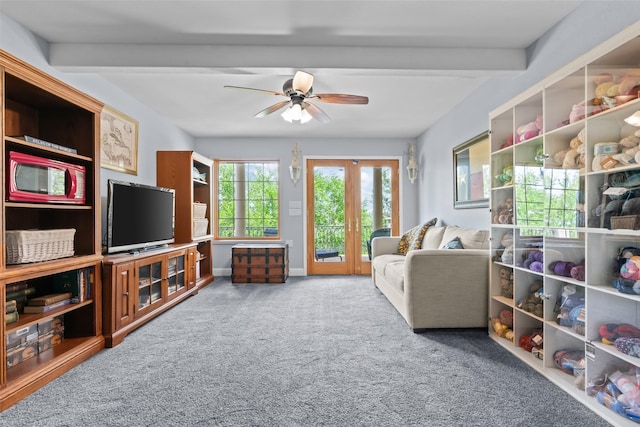2510 River Ridge Court, Granbury, TX 76048 - carpeted living room with a ceiling fan and beam ceiling
