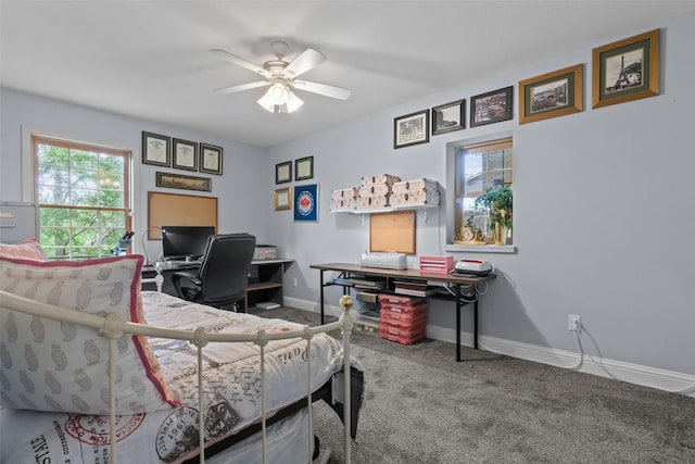 2510 River Ridge Court, Granbury, TX 76048 - bedroom with carpet, baseboards, a desk, and a ceiling fan