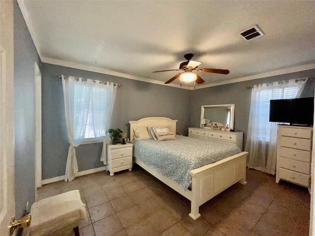 2217 Linwood Ln, Irving, TX 75061 - bedroom featuring crown molding, dark tile patterned floors, a ceiling fan, and baseboards