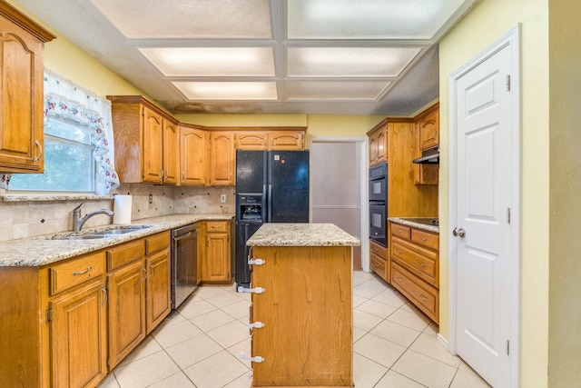 2816 Wateridge Ct, Grapevine, TX 76051 - kitchen featuring black appliances, a sink, a kitchen island, tasteful backsplash, and brown cabinetry