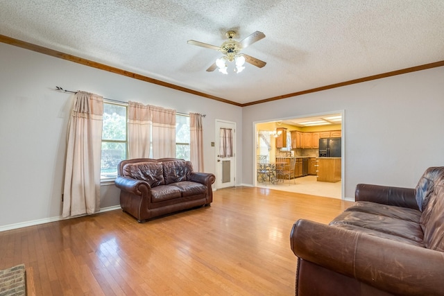 2816 Wateridge Ct, Grapevine, TX 76051 - living room with a ceiling fan, light wood finished floors, a textured ceiling, ornamental molding, and baseboards