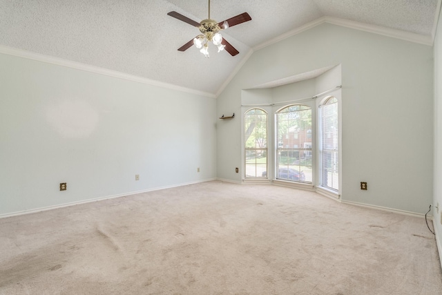 2816 Wateridge Ct, Grapevine, TX 76051 - carpeted empty room with vaulted ceiling, a ceiling fan, a textured ceiling, crown molding, and baseboards