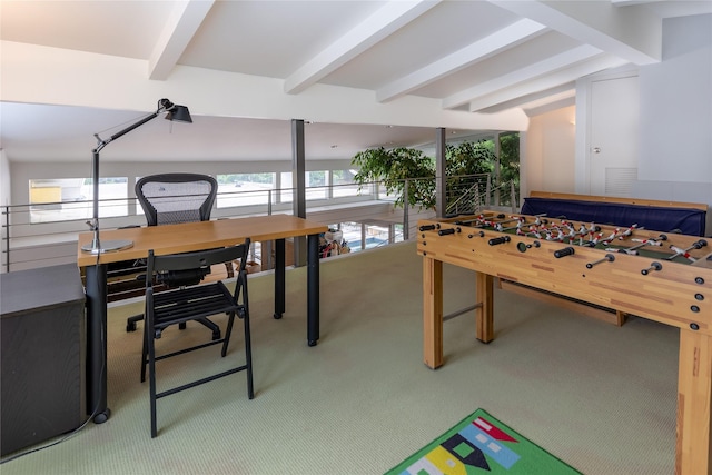10611 Royal Springs Dr, Dallas, TX 75229 - game room featuring beamed ceiling and light colored carpet