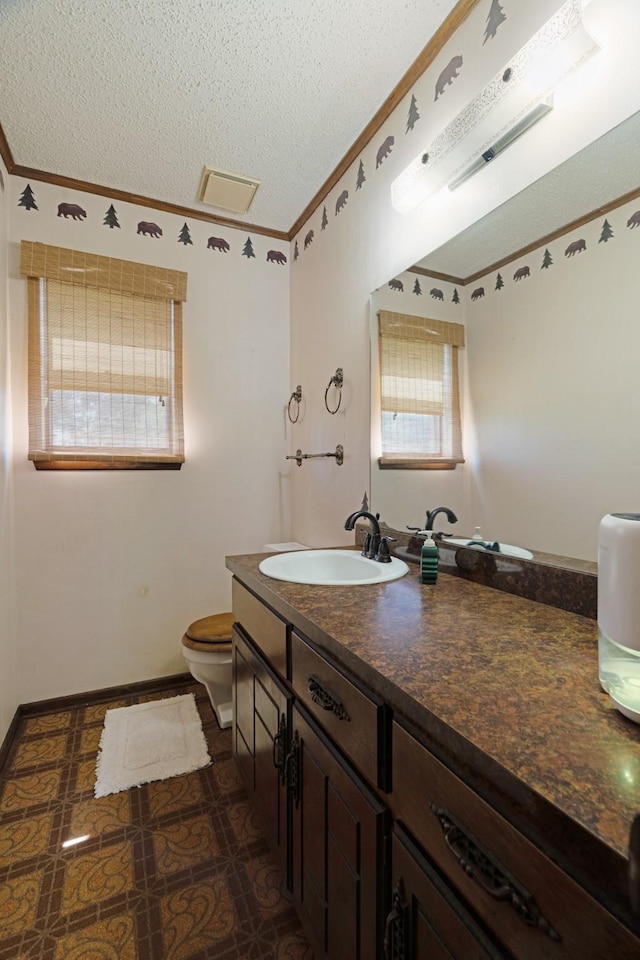 905 W 11th, Clarksville, TX 75426 - bathroom featuring crown molding, toilet, vanity, and a textured ceiling