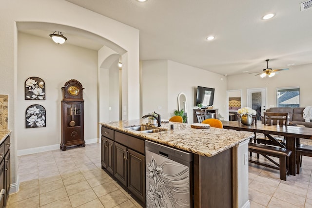 403 Woodbine Dr, Sherman, TX 75092 - kitchen with dishwasher, a sink, a ceiling fan, light tile patterned floors, and recessed lighting