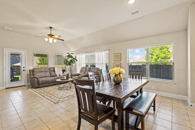 403 Woodbine Dr, Sherman, TX 75092 - dining area featuring light tile patterned floors, vaulted ceiling, baseboards, and a ceiling fan