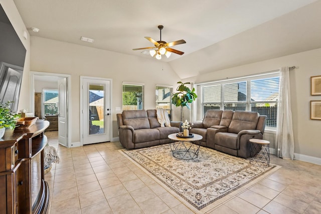 403 Woodbine Dr, Sherman, TX 75092 - living area with a ceiling fan, light tile patterned floors, baseboards, and lofted ceiling