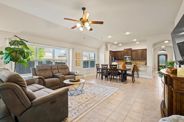 403 Woodbine Dr, Sherman, TX 75092 - living area with light tile patterned flooring, ceiling fan, lofted ceiling, baseboards, and recessed lighting