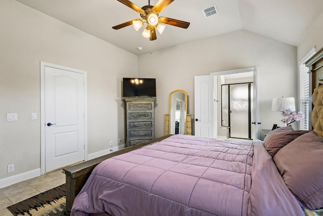 403 Woodbine Dr, Sherman, TX 75092 - bedroom with vaulted ceiling, baseboards, tile patterned floors, and ceiling fan