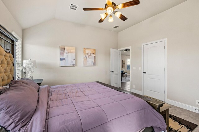 403 Woodbine Dr, Sherman, TX 75092 - bedroom featuring vaulted ceiling, a ceiling fan, and tile patterned floors