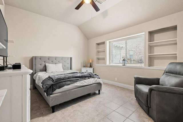 403 Woodbine Dr, Sherman, TX 75092 - bedroom with baseboards, light tile patterned flooring, a ceiling fan, and vaulted ceiling