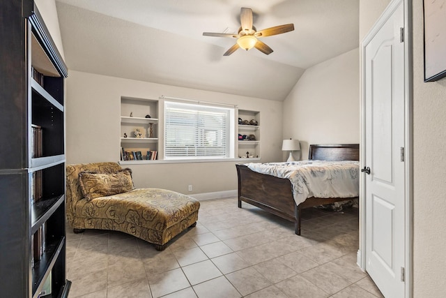 403 Woodbine Dr, Sherman, TX 75092 - bedroom featuring lofted ceiling, light tile patterned flooring, a ceiling fan, and baseboards