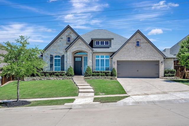 1008 Myers Park Trl, Roanoke, TX 76262 - french provincial home with a front lawn, driveway, a garage, brick siding, and roof with shingles