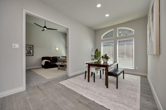 1008 Myers Park Trl, Roanoke, TX 76262 - dining area with wood finished floors, baseboards, recessed lighting, and a ceiling fan